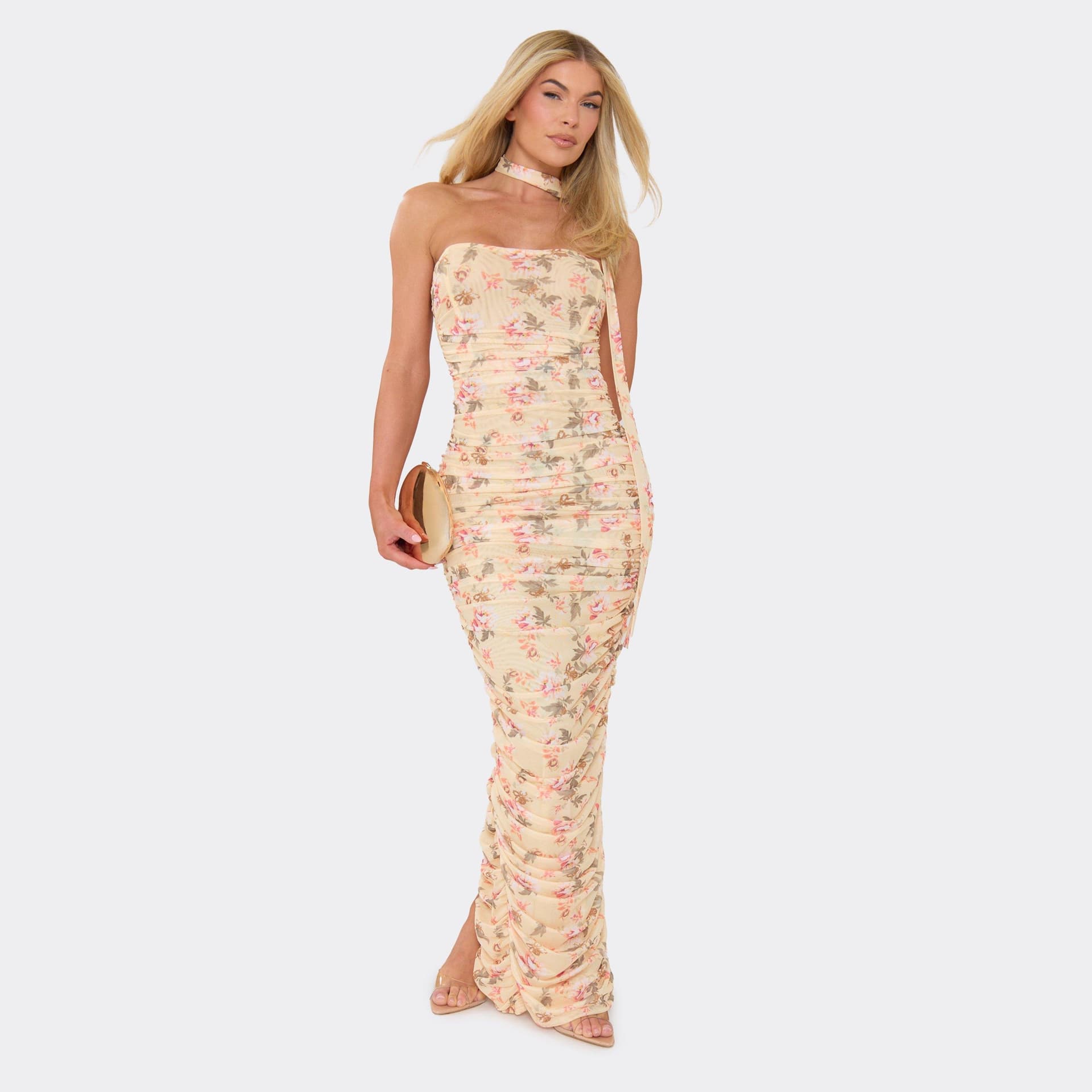 EGO Bandeau Scarf Detail Ruched Maxi Dress In Yellow Floral Print Mesh, Women's Size UK 6