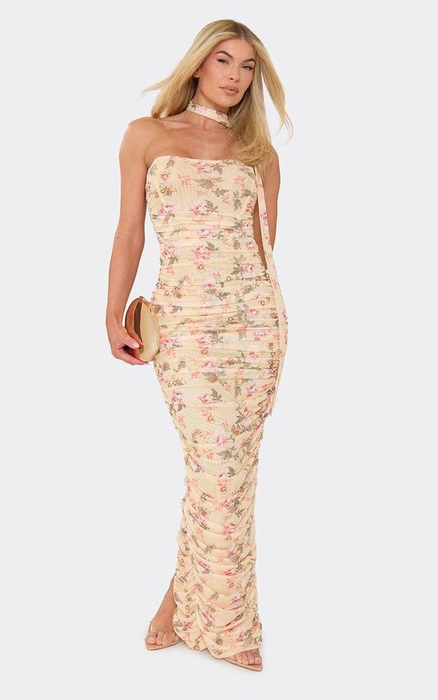 EGO Bandeau Scarf Detail Ruched Maxi Dress In Yellow Floral Print Mesh, Women's Size UK 6 - 2