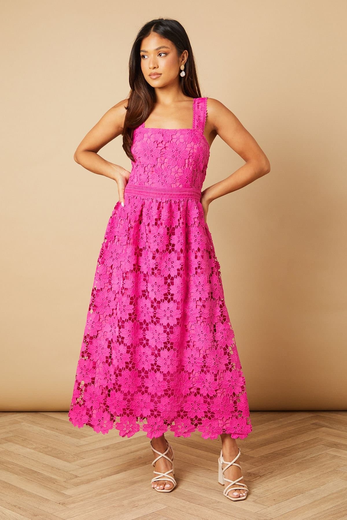 Oasis Oasis Women's Petite Floral Lace Detail Square Neck Midi Dress in Ballerina Pink