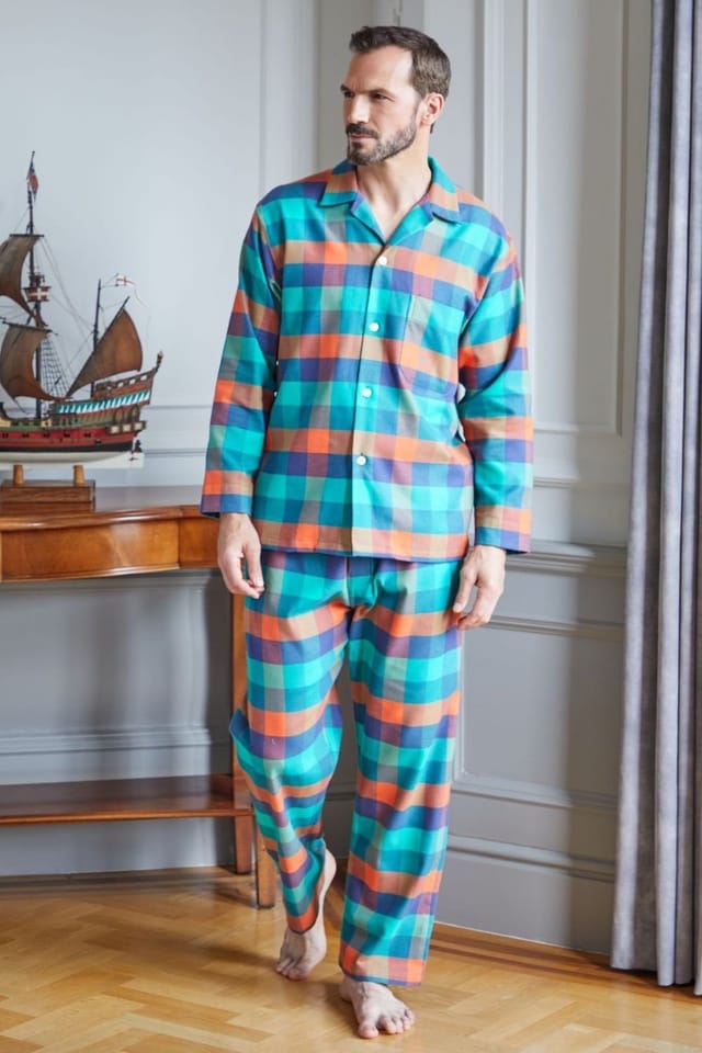 British Boxers British Boxers Men's "Acorn Squash" Check Brushed Cotton Pyjama Set in Dark Green - 2