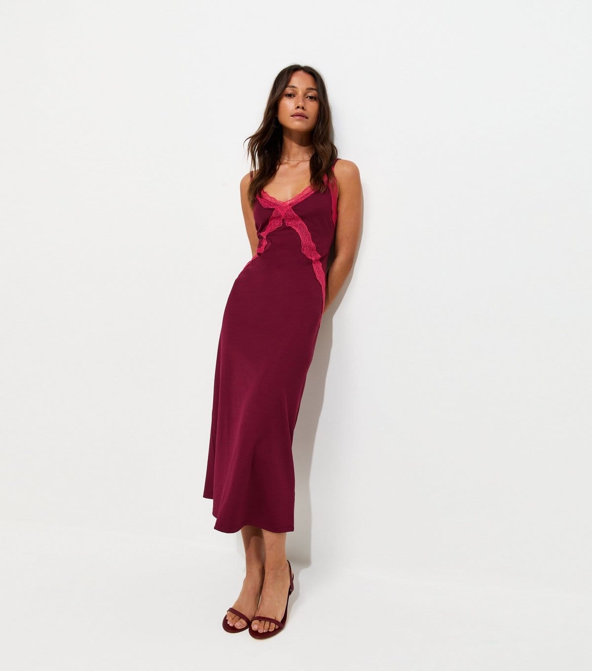 New Look Women's Dark Burgundy Lace Strappy Contrast Trim Midi New Look - 1