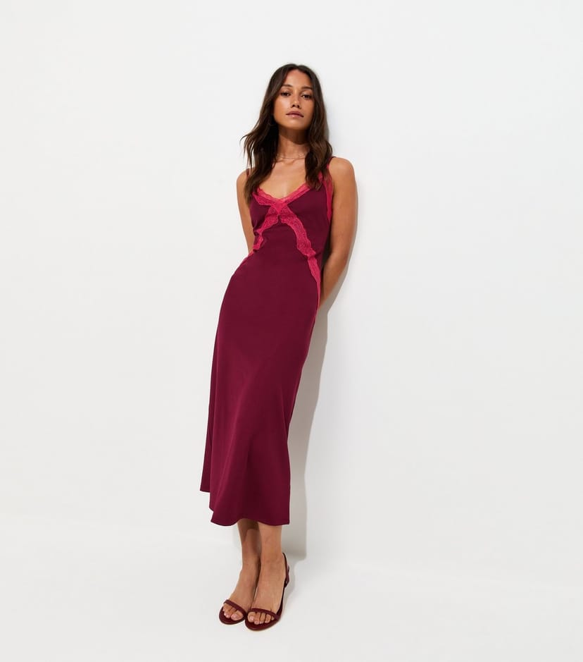 New Look Women's Dark Burgundy Lace Strappy Contrast Trim Midi New Look - 1
