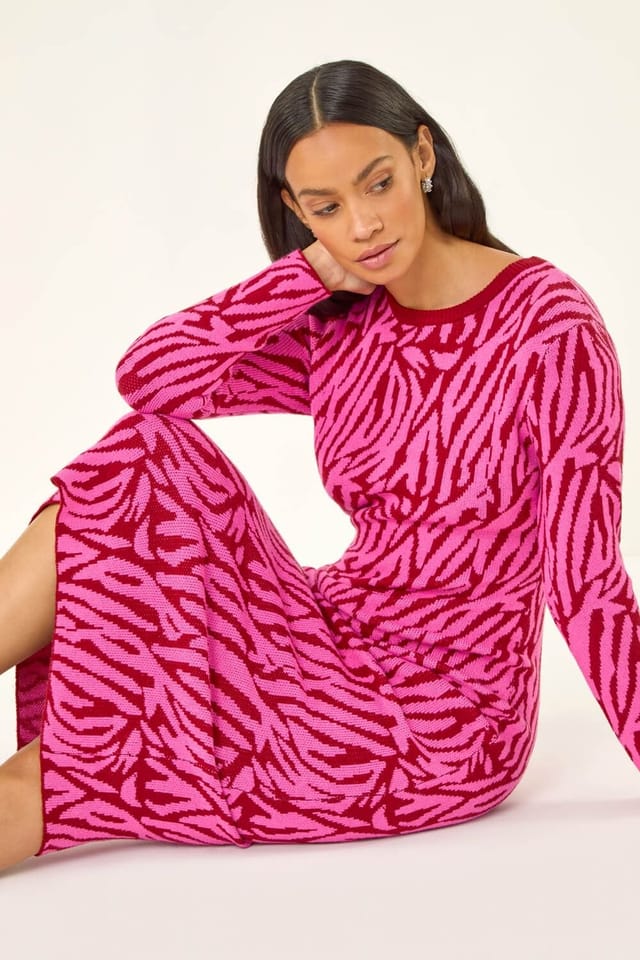 DUSK Dusk Women's Animal Print Knit Midi Dress in Fuchsia - 2