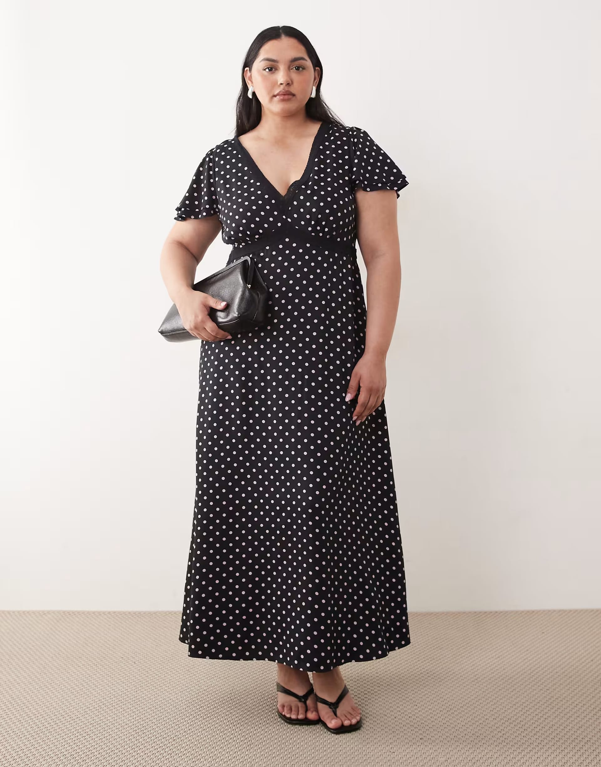 ASOS Plus Black Polka Dot V-Neck Lace Trim Midi Dress