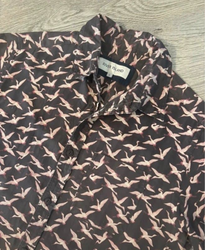 River Island Men’s river island short sleeved crane/ bird festival unique shirt size small