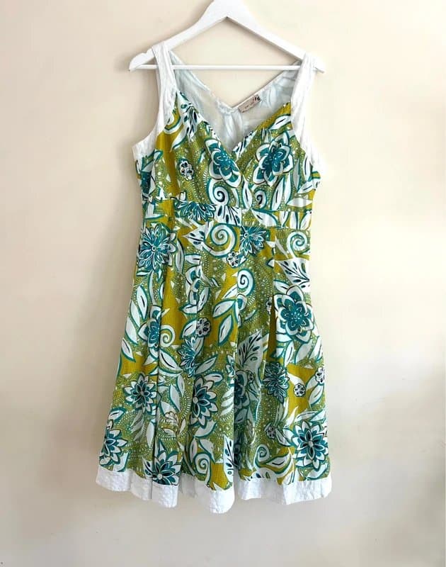 Per Una 🌸 Per Una M&S Green Blue Floral Cotton Summer Dress UK 16 Sleeveless Fit & Flare