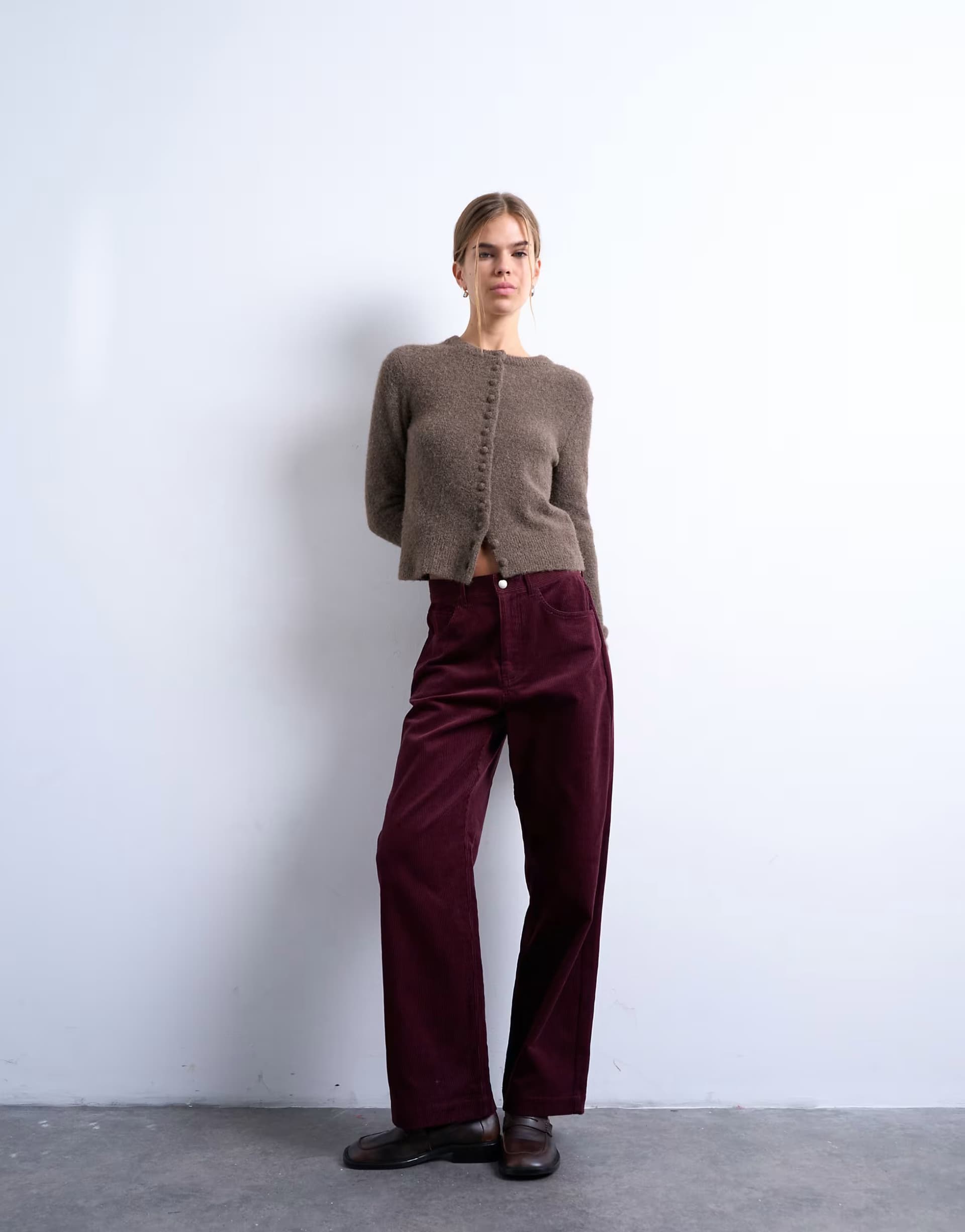ASOS Topshop cord slouchy low slung trouser in burgundy