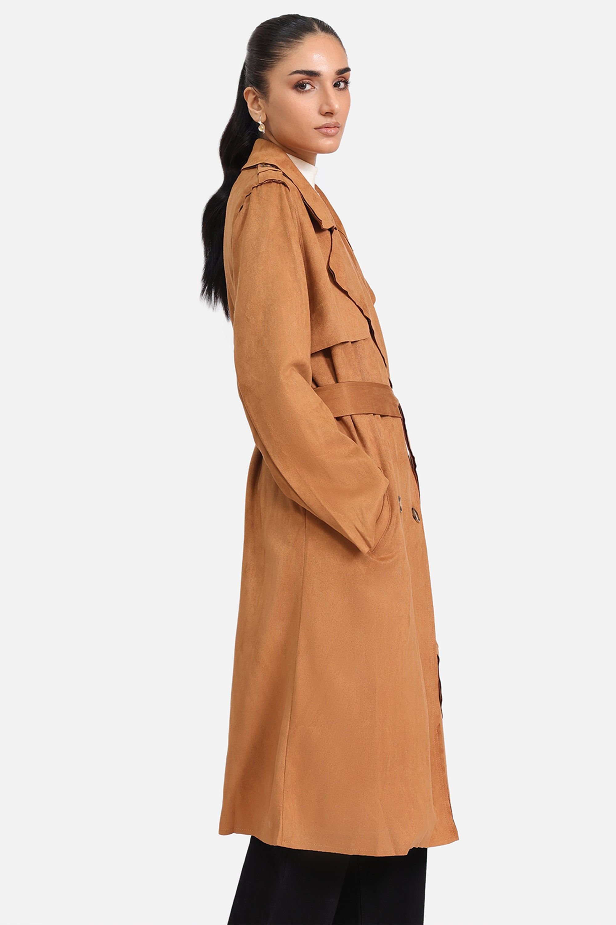 Urban Studio Urban Studio Women's Suede Coat - Longline Faux Suede Outerwear in Brown - 3