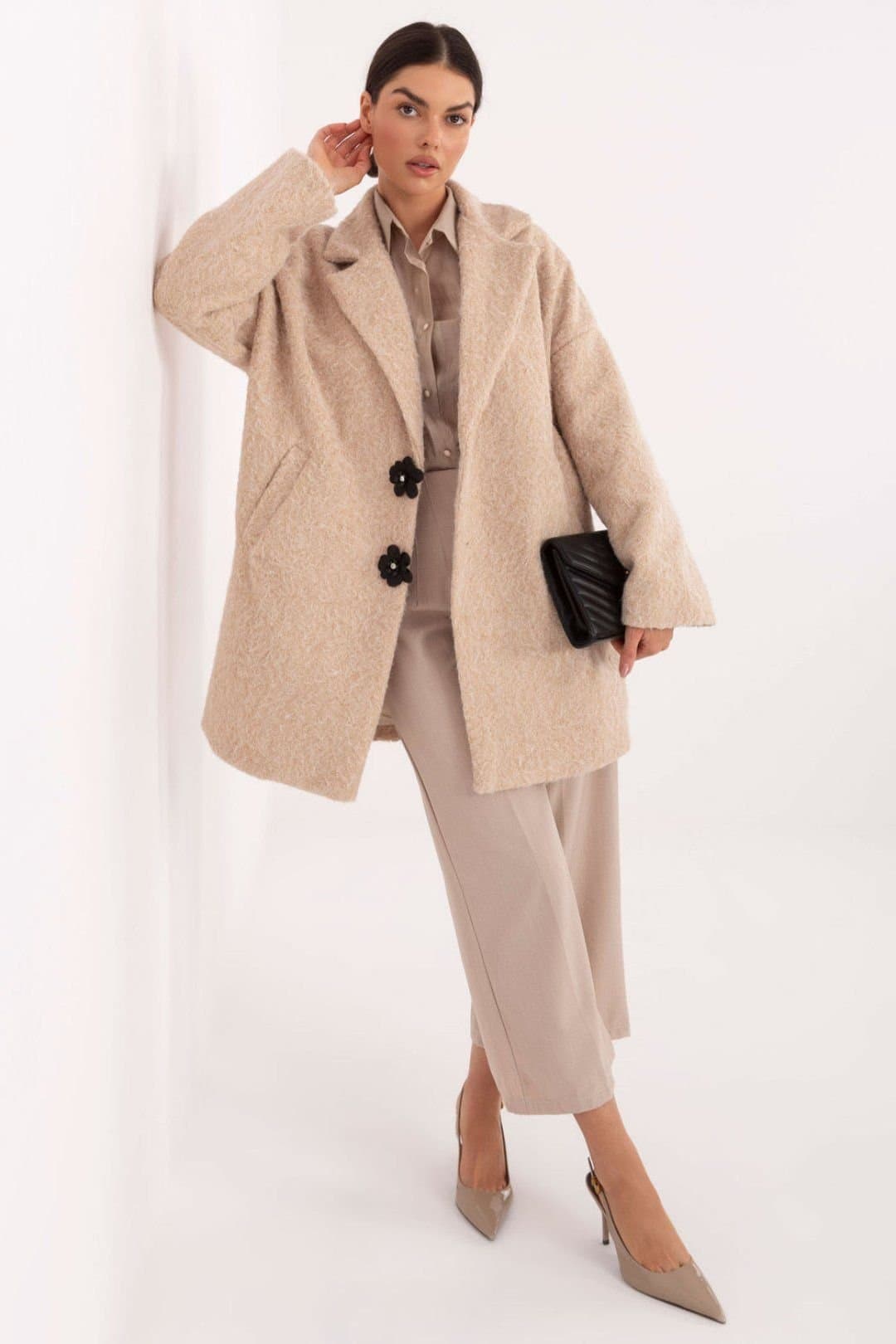 Love Lace Love Lace Women's Elegant Textured Knee Length Coat with Brooch in Beige