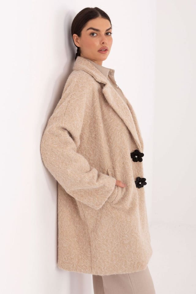 Love Lace Love Lace Women's Elegant Textured Knee Length Coat with Brooch in Beige - 2