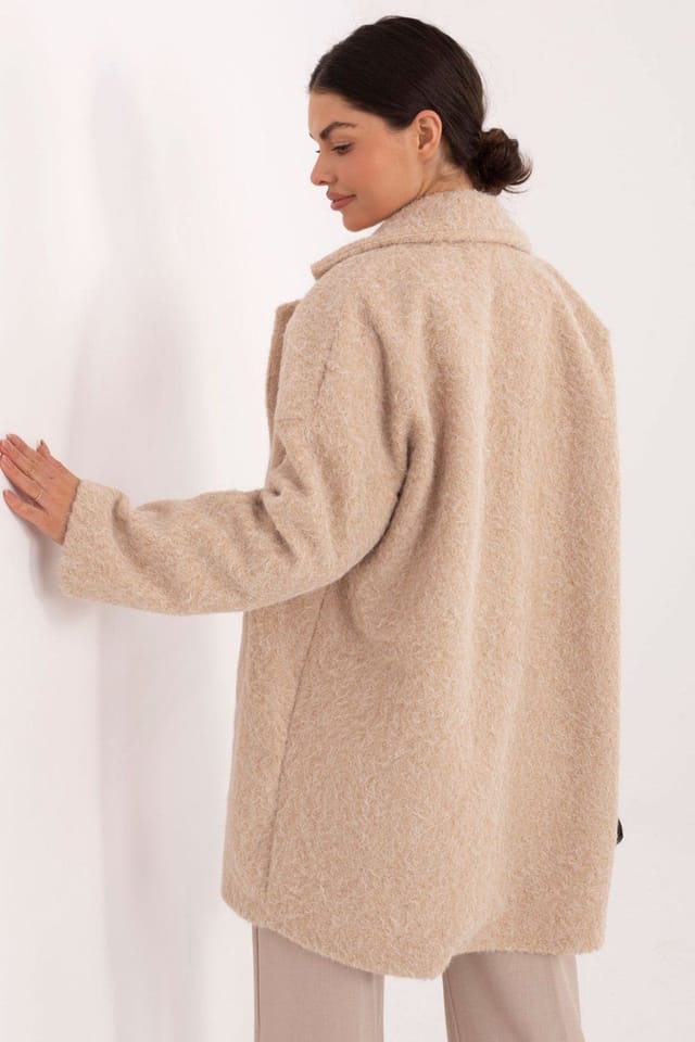 Love Lace Love Lace Women's Elegant Textured Knee Length Coat with Brooch in Beige - 3