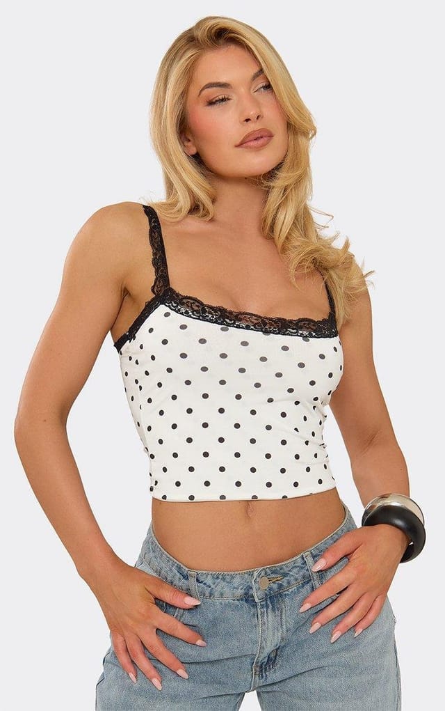 EGO Strappy Lace Trim Cami Vest Top In White Polka Dot, Women's Size UK 6 - 2