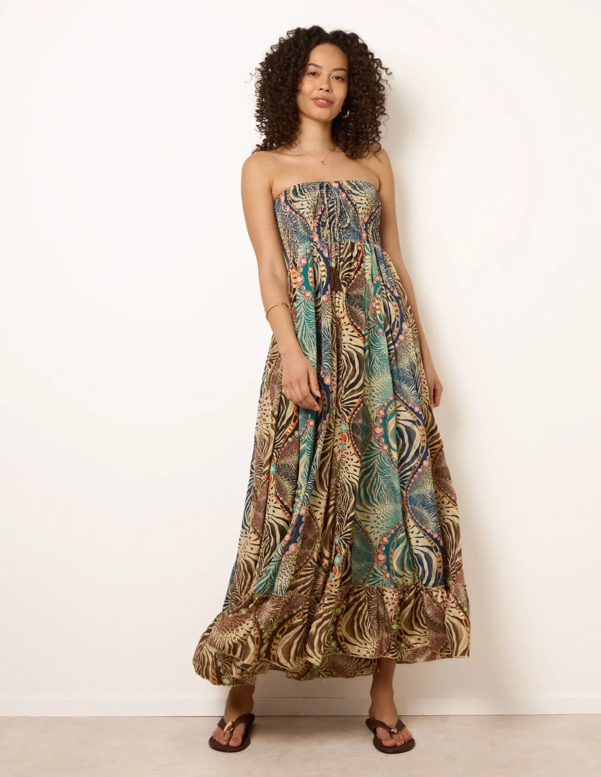 Blue Vanilla Bold Print Bandeau Shirred Maxi Dress