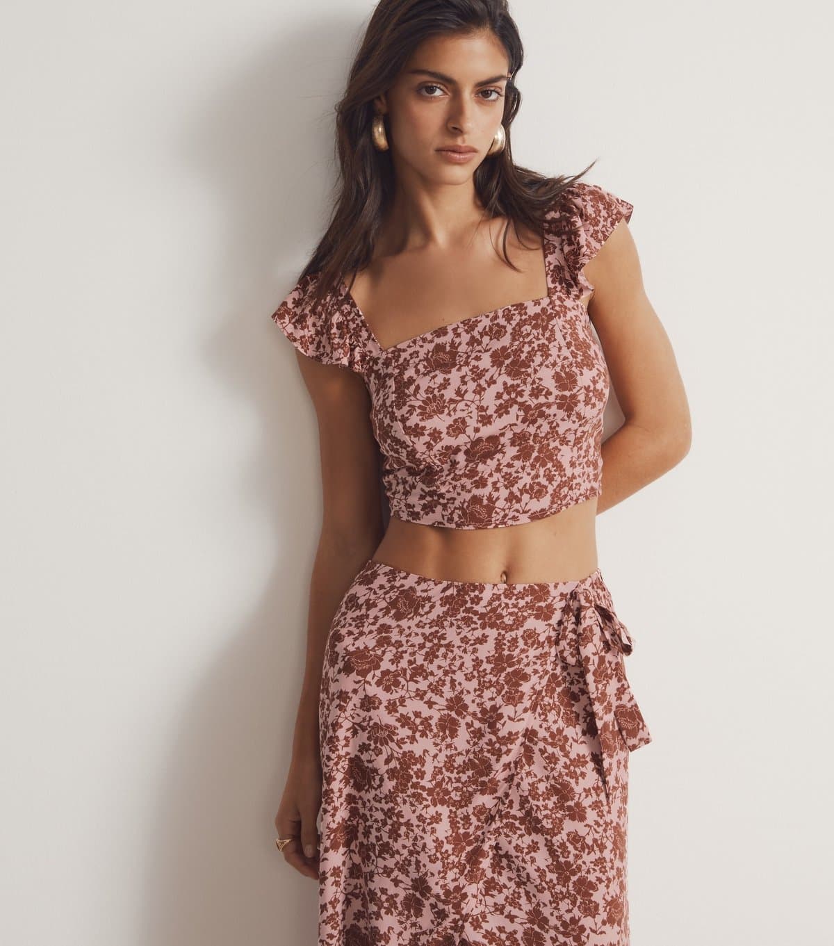 New Look Women's Brown Floral Print Frill Strap Crop Top New Look