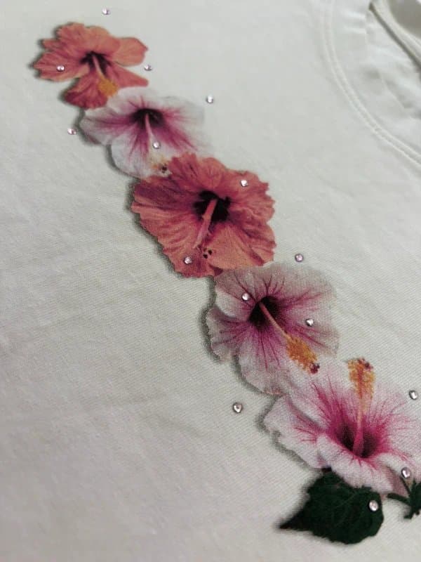 Bershka Y2K White Floral Rhinestone Baby Tee