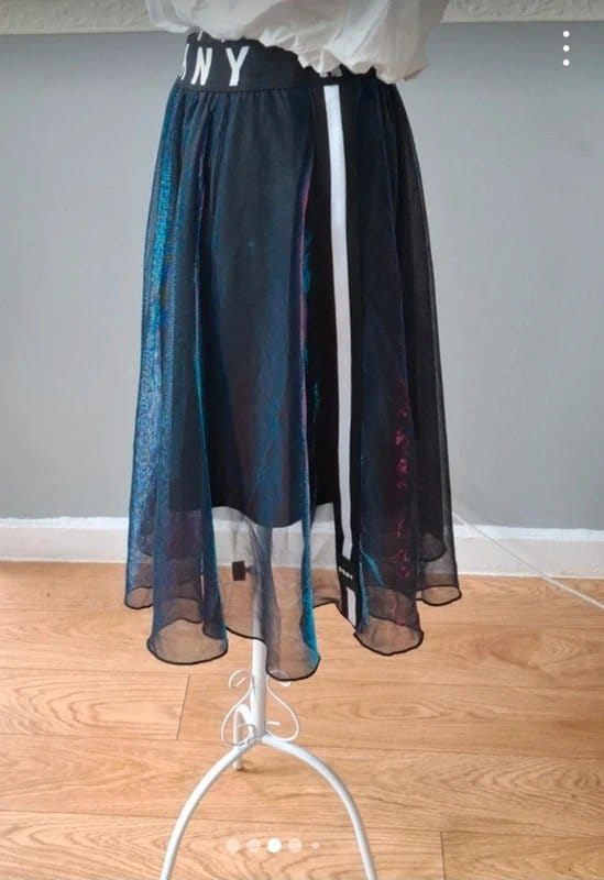 DKNY Iridescent Metallic Midi Skirt | Elastic Waist | Black &