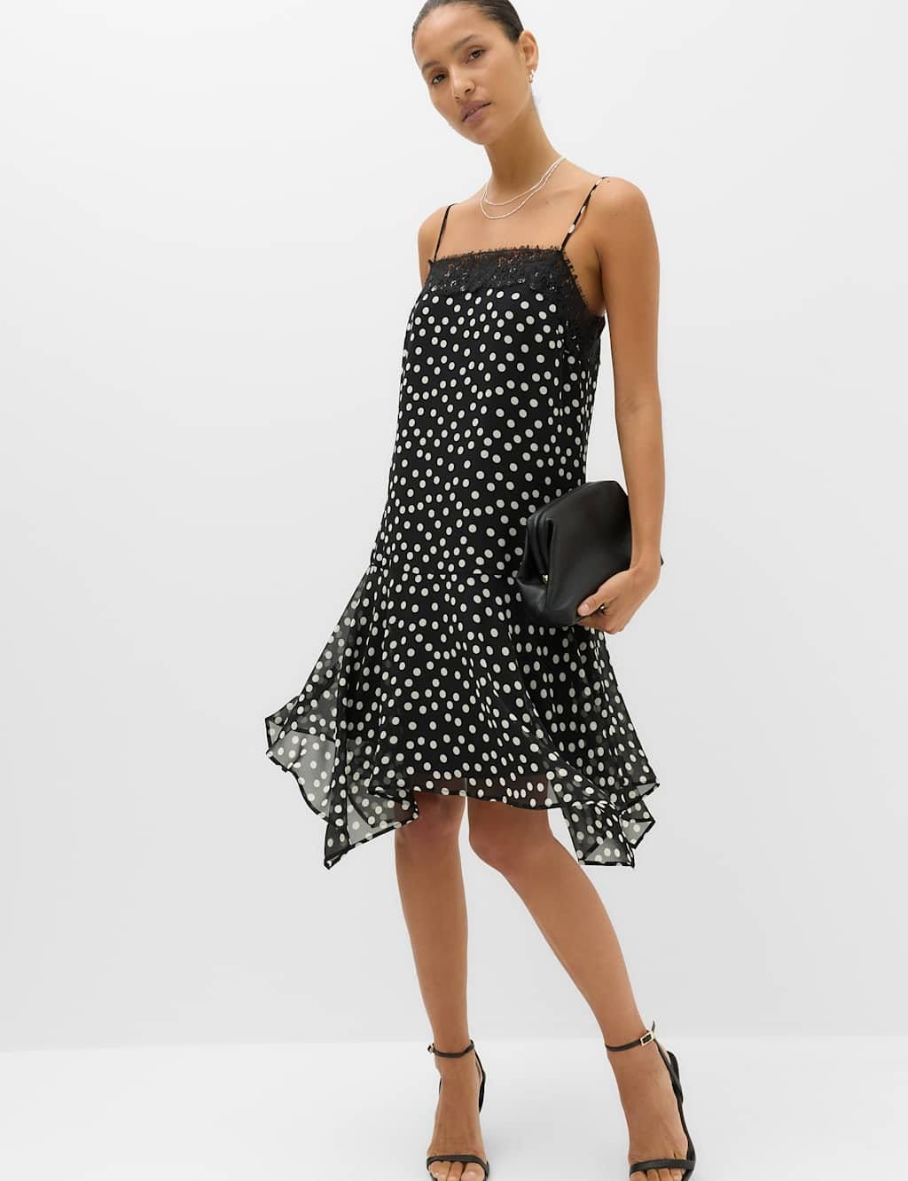 M&S Polka Dot Lace Detail Mini Slip Dress Black Mix