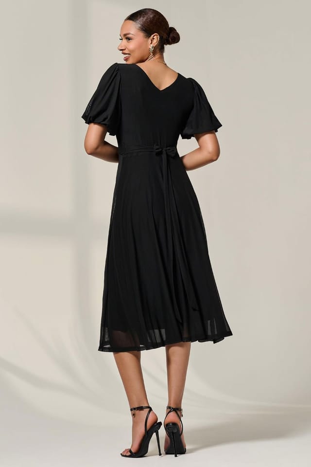Jolie Moi Jolie Moi Women's Puff Sleeve Mesh Midi Dress in Black - 2