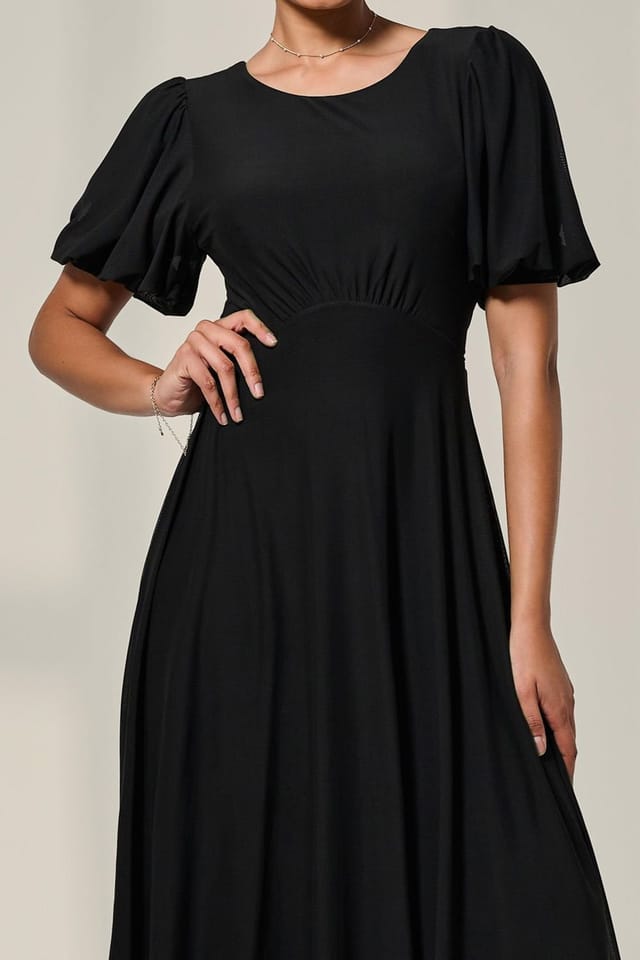 Jolie Moi Jolie Moi Women's Puff Sleeve Mesh Midi Dress in Black - 3