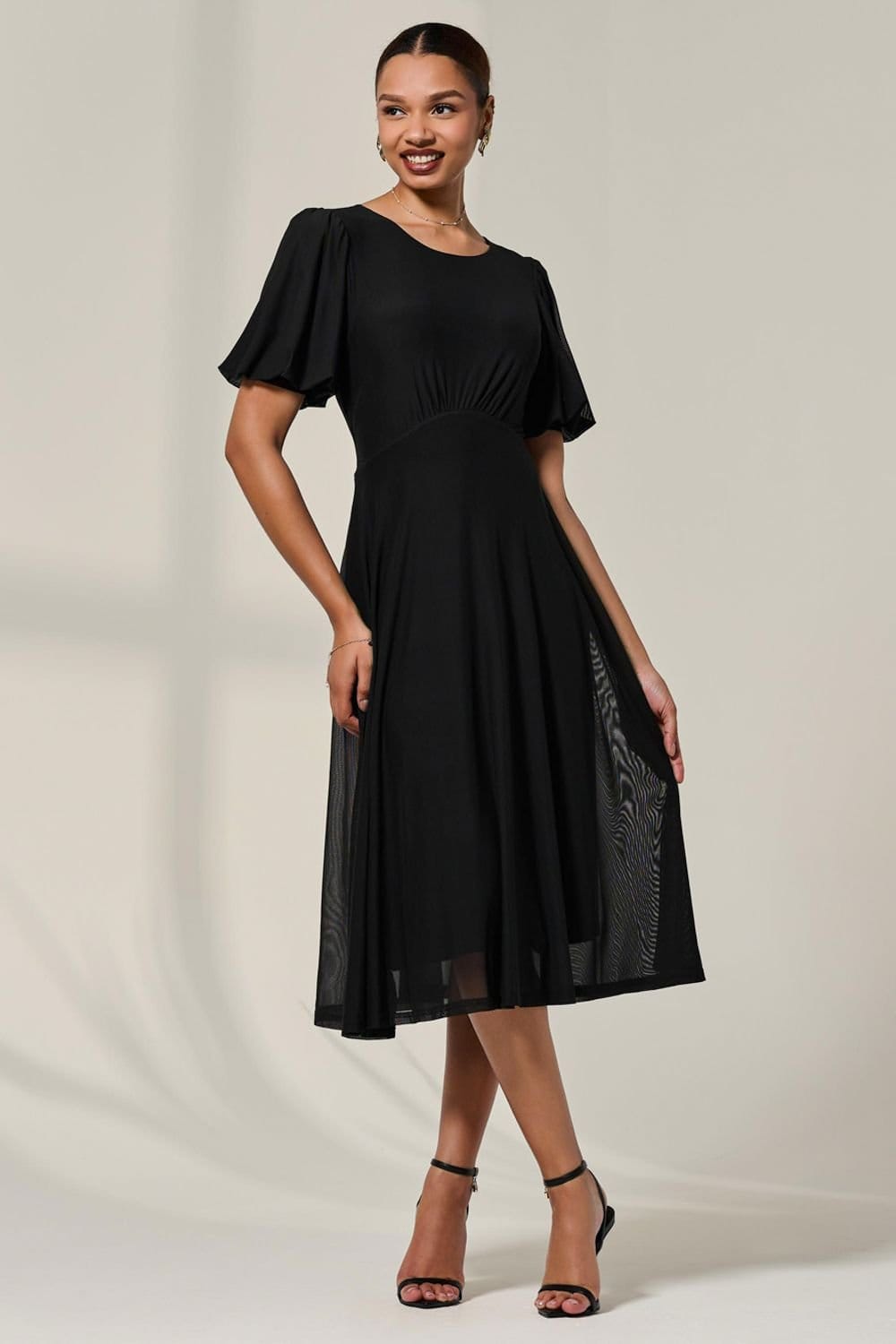 Jolie Moi Jolie Moi Women's Puff Sleeve Mesh Midi Dress in Black - 4