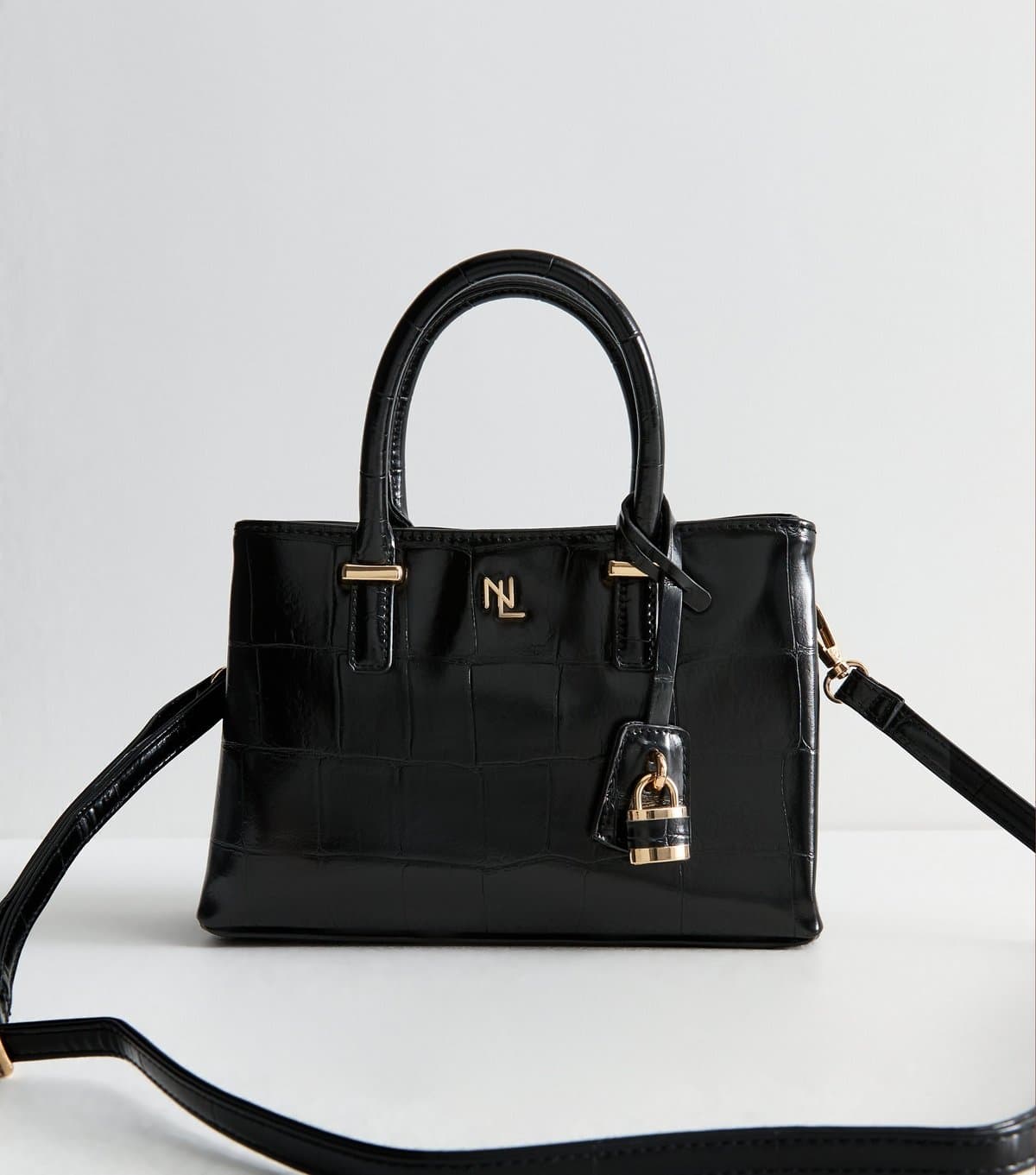 New Look Black Faux Patent Leather Crocodile Embossed Crossbody Mini Bag New Look
