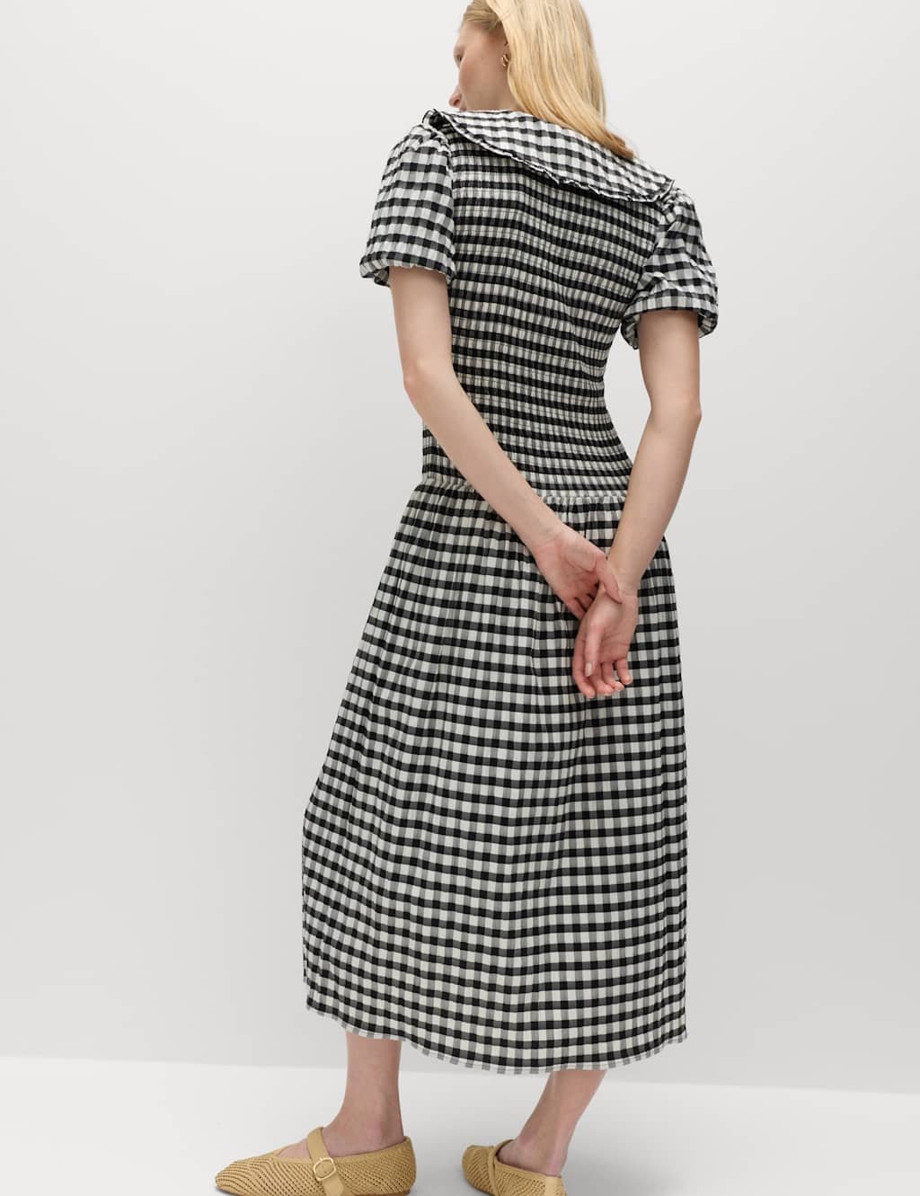 Marks & Spencer M&S Cotton Blend Gingham Dropped Waist Midi Dress Black Mix - 3