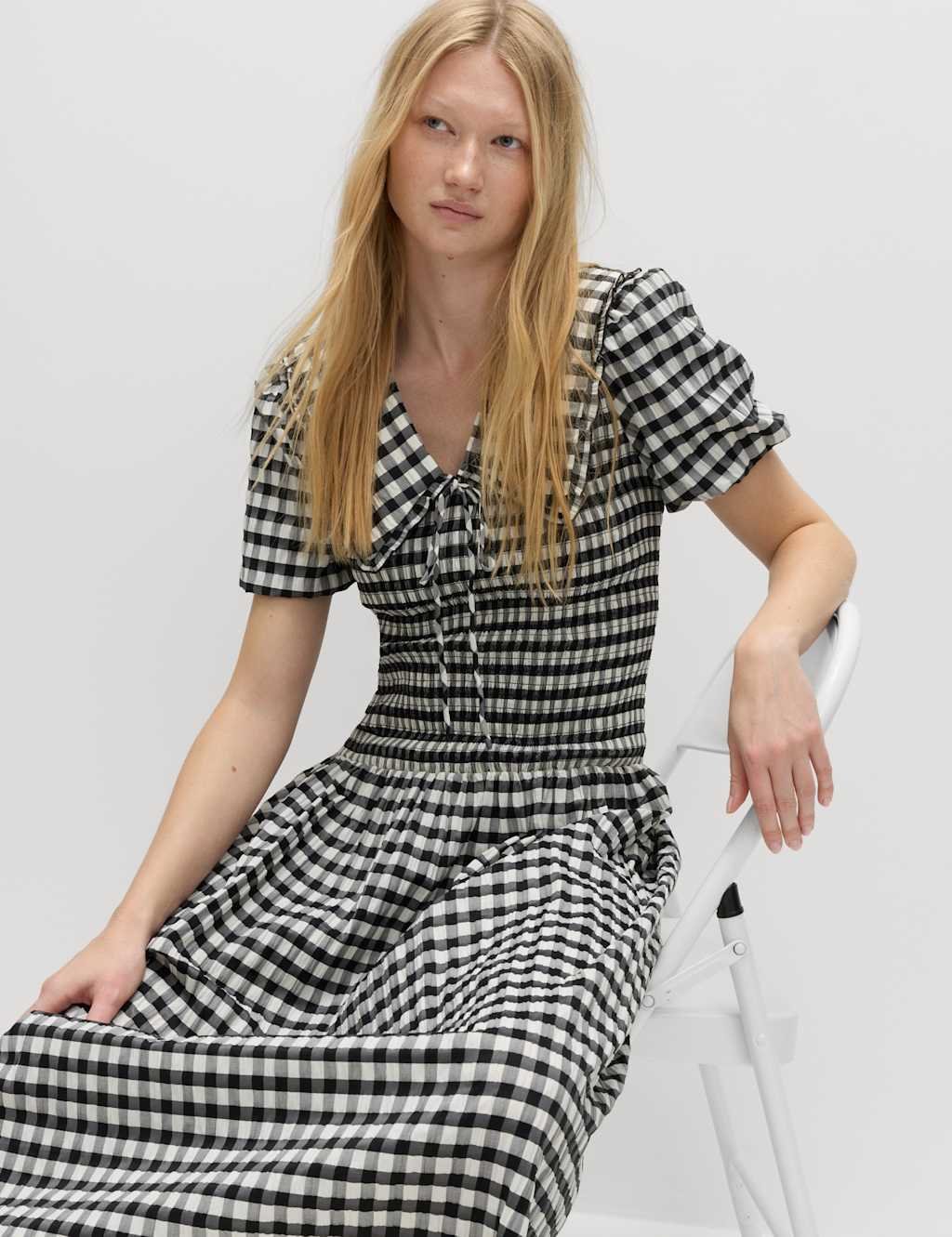 Marks & Spencer M&S Cotton Blend Gingham Dropped Waist Midi Dress Black Mix - 4
