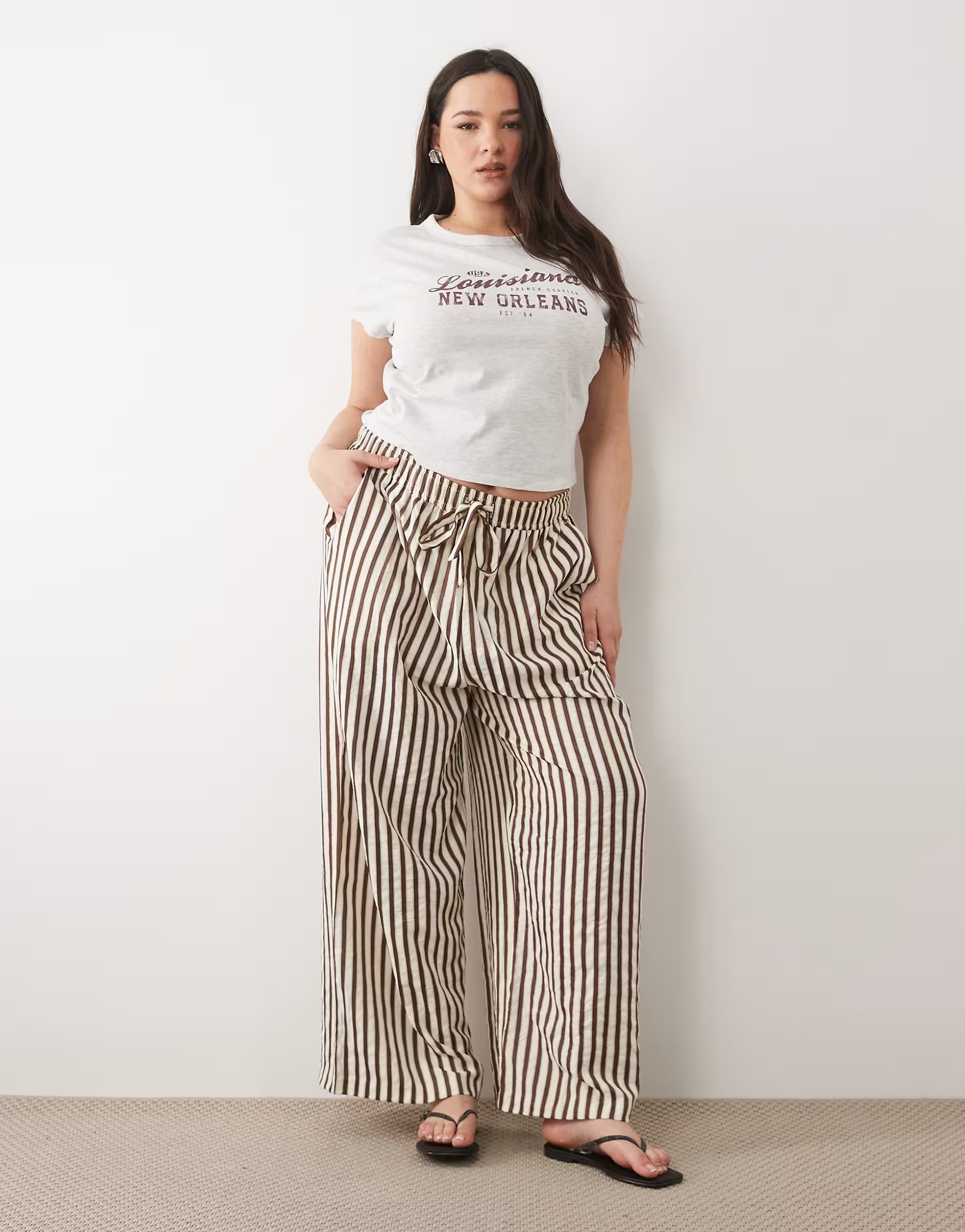 ASOS New Look Curve wide leg stripe trousers in brown