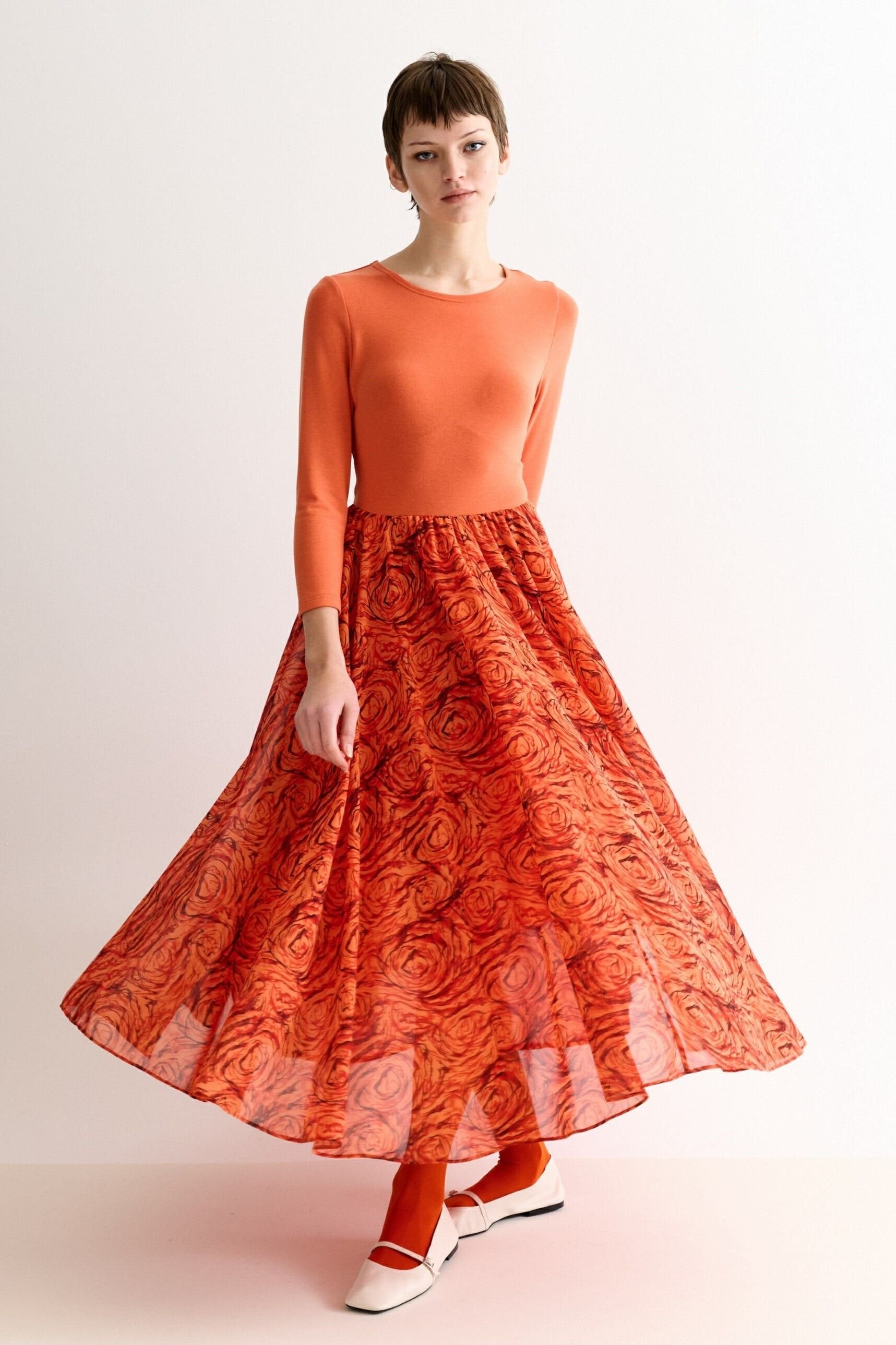 Louche Louche Women's Huxley Rosechild Jersey Top Circle Skirt Midi Dress - Apricot in Orange - 2
