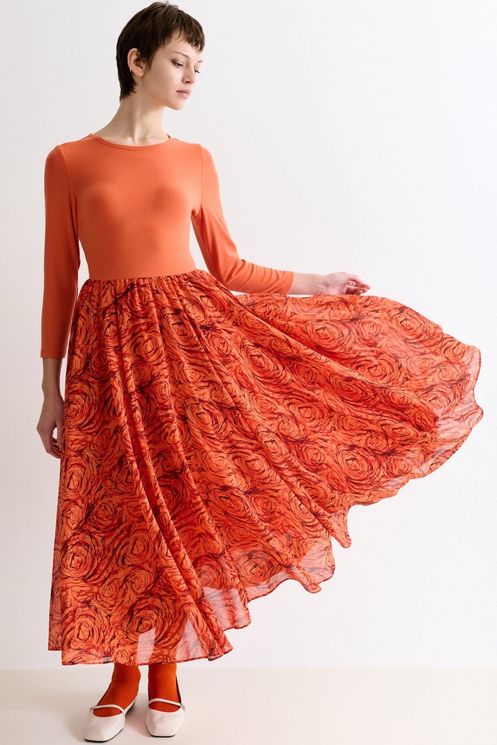 Louche Louche Women's Huxley Rosechild Jersey Top Circle Skirt Midi Dress - Apricot in Orange - 3