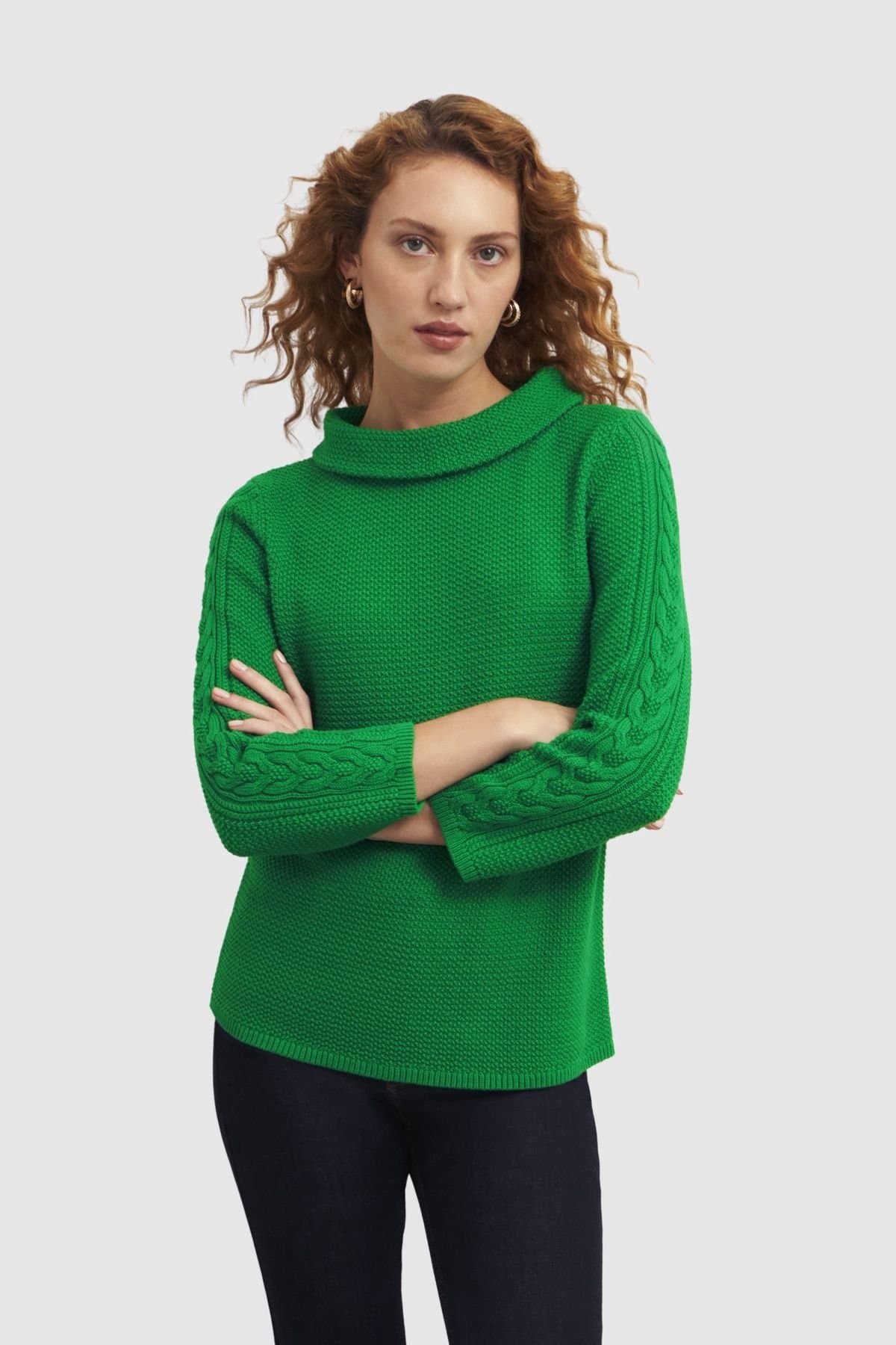 Hobbs London Hobbs London Women's Camilla Cable Sleeve Cowl Neck Jumper in Emerald