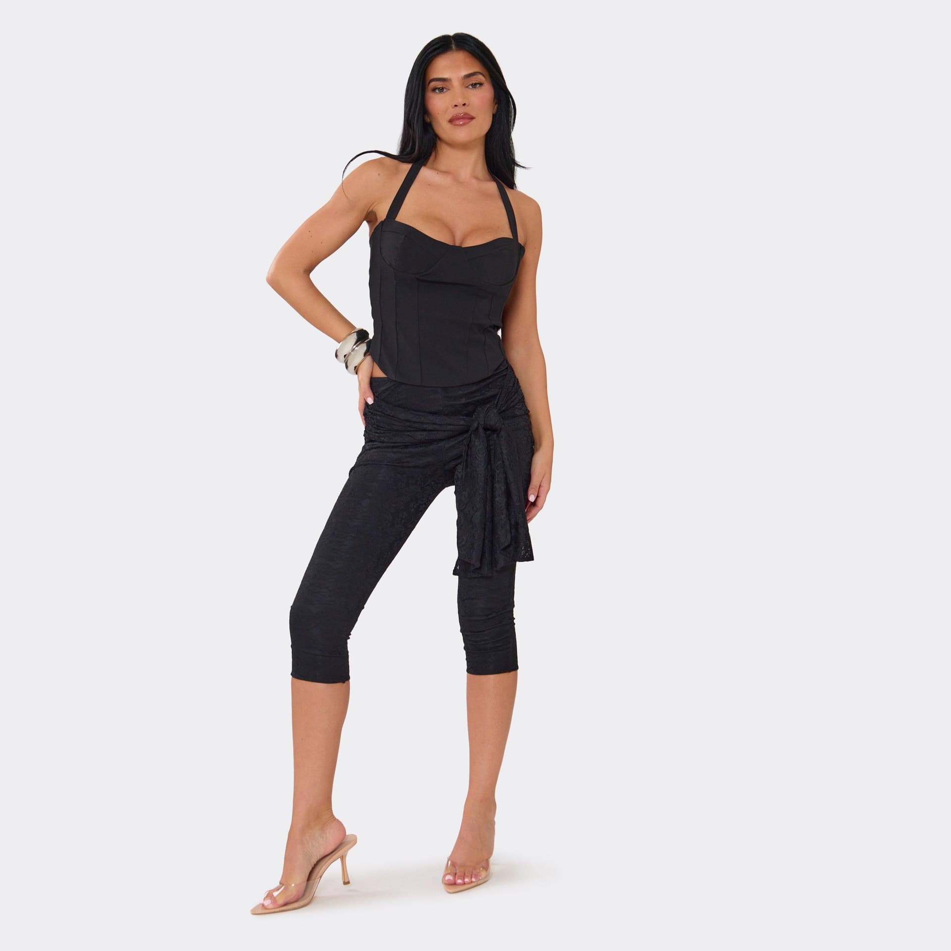 EGO Mid Rise Tie Waist Drape Detail Capri Trousers In Black Lace, Women's Size UK 6