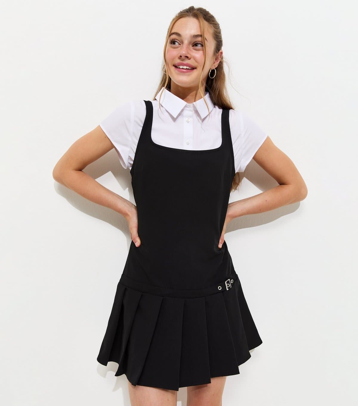 New Look Girls' Black Belted Dropwaist Pleated School Dress New Look
