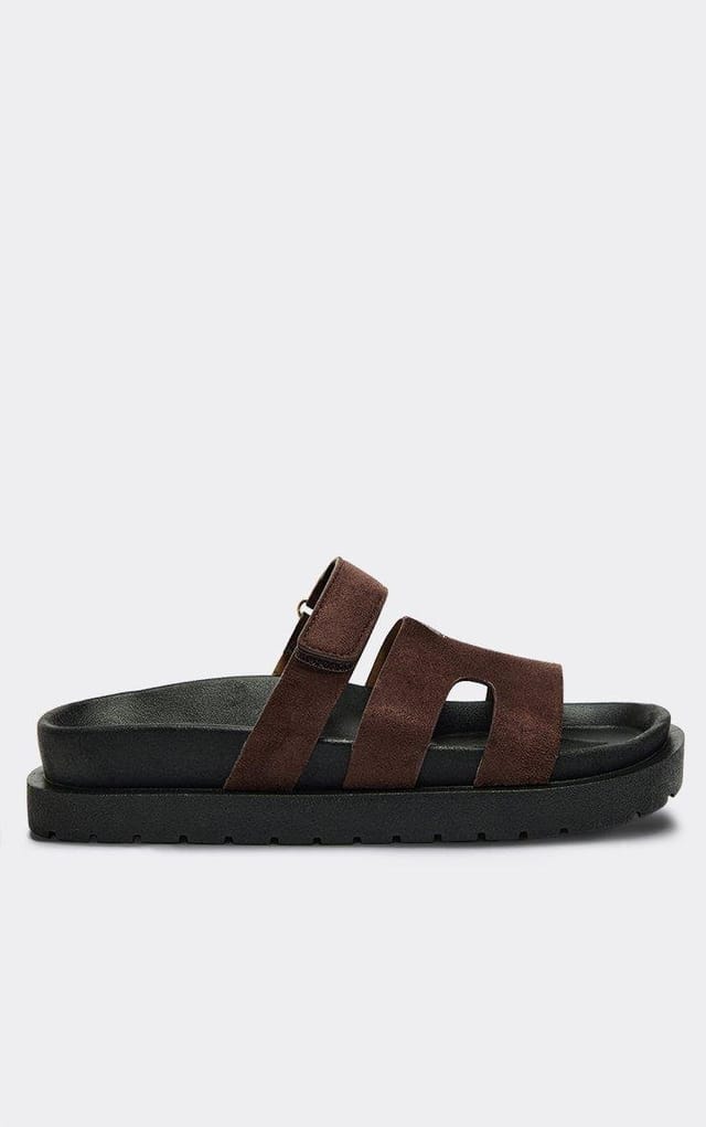EGO Dawn Gladiator Velcro Strap Chunky Slider Sandal In Brown Faux Suede, Women's Size UK 3 - 2