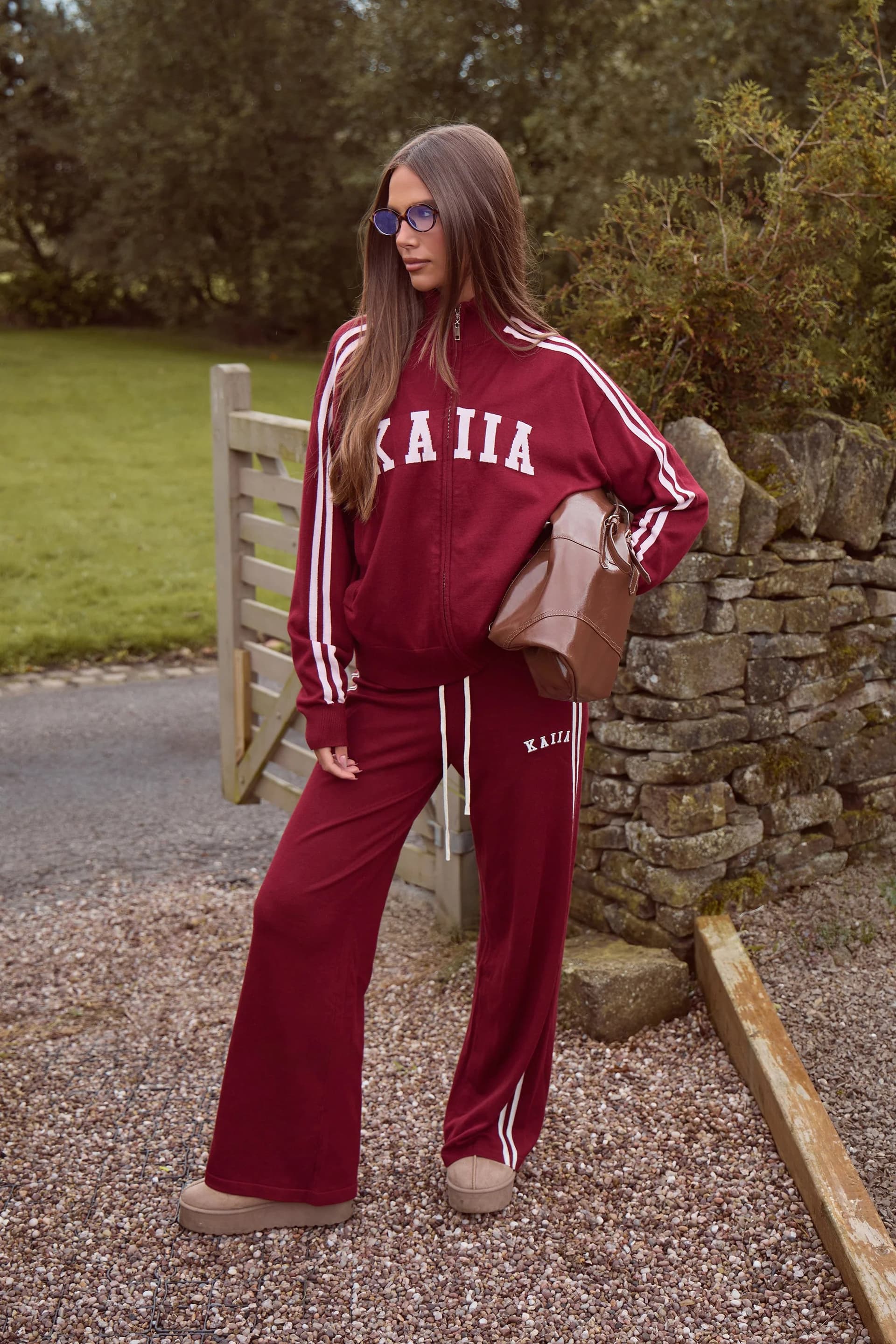 Kaiia Kaiia Lightweight Knit Side Stripe Wide Leg Trousers Dark Cherry & Cream