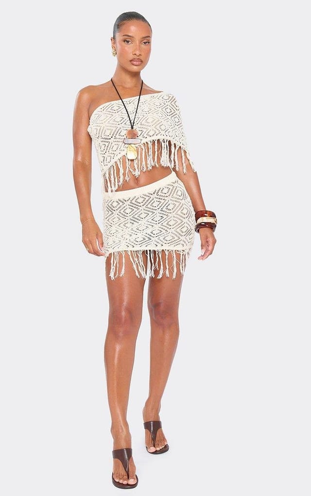 EGO Tassel Hem Mini Skirt In Cream Crochet Knit, Women's Size UK L - 2