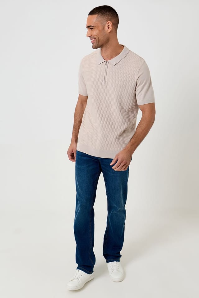 Threadbare Threadbare Men's Textured Knit Quarter Zip Polo in Stone - 3