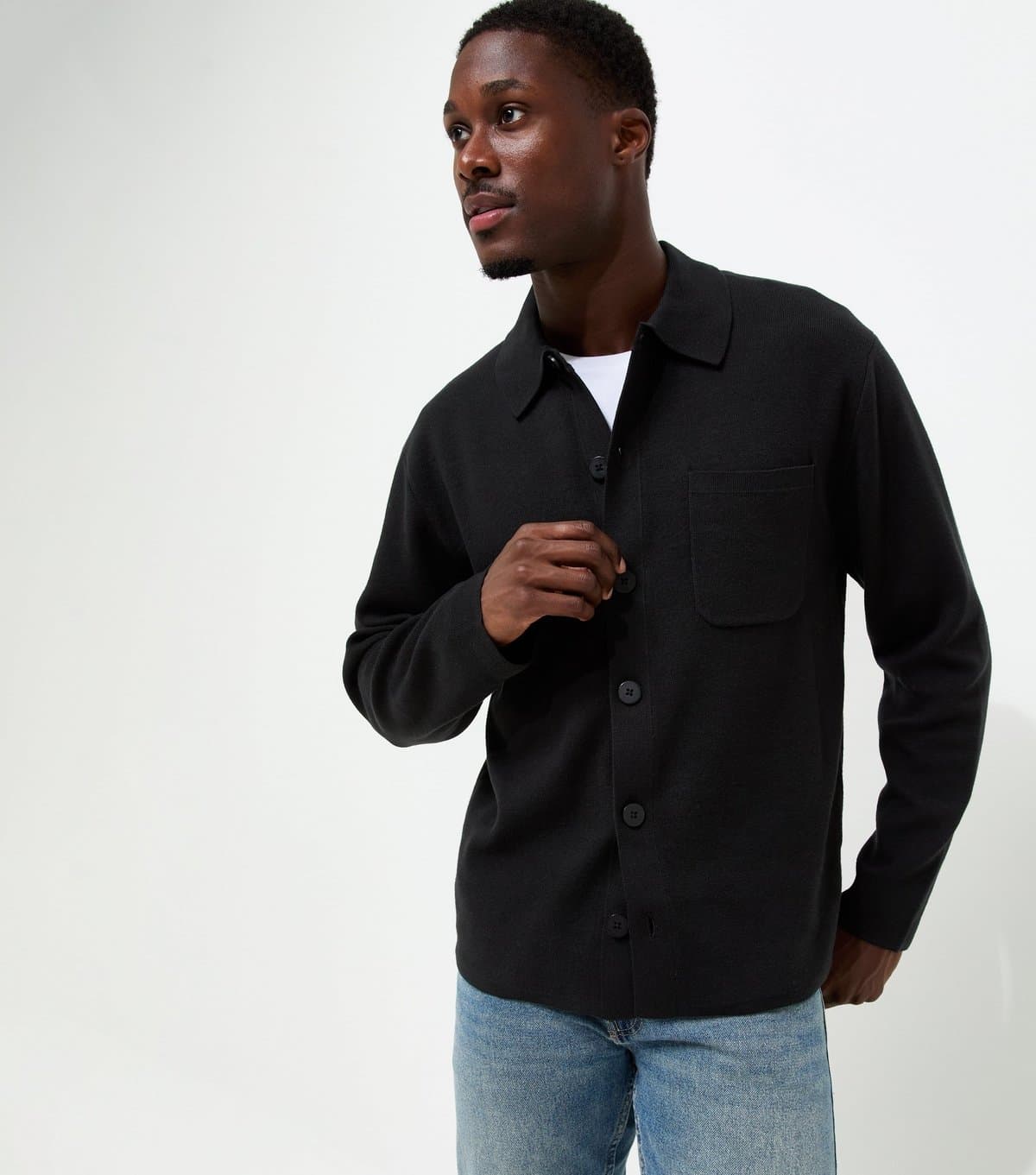 New Look Men's Black Cotton Rich Regular Fit Long Sleeve Knitted Shacket New Look