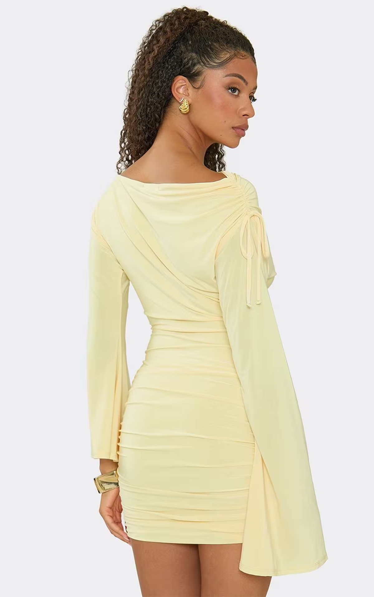 EGO Flared Ruched Sleeve Mini Dress In Lemon, Women's Size UK 6