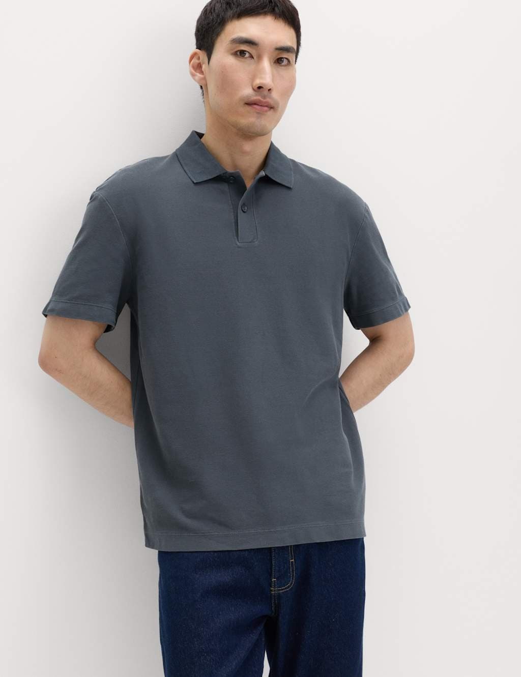 Marks & Spencer M&S Pure Cotton Garment Dyed Polo Shirt Dark Pewter