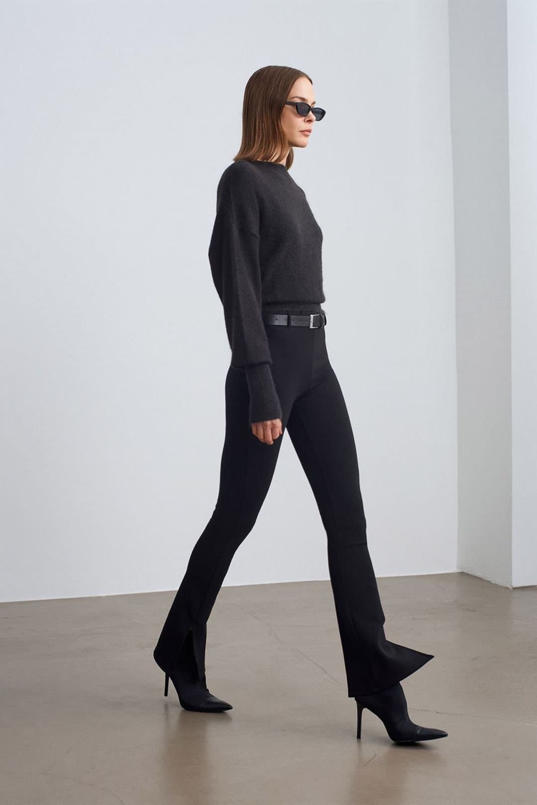 Dilvin Dilvin Women's Belted Skinny Flare Pants in Black