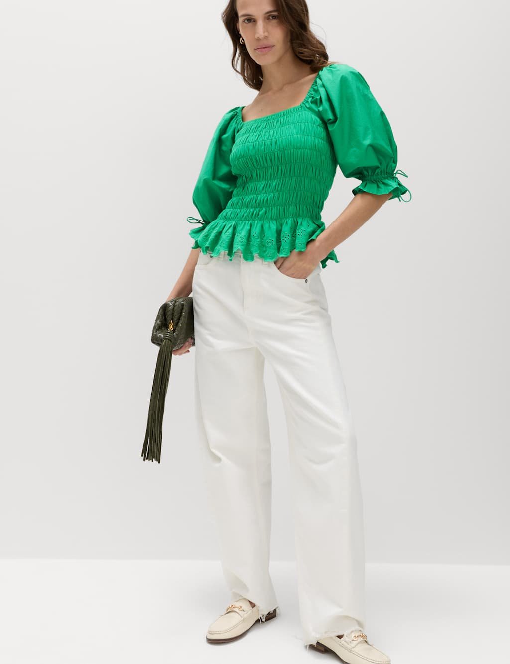 Marks & Spencer M&S Pure Cotton Shirred Puff Sleeve Top Bright Green - 4