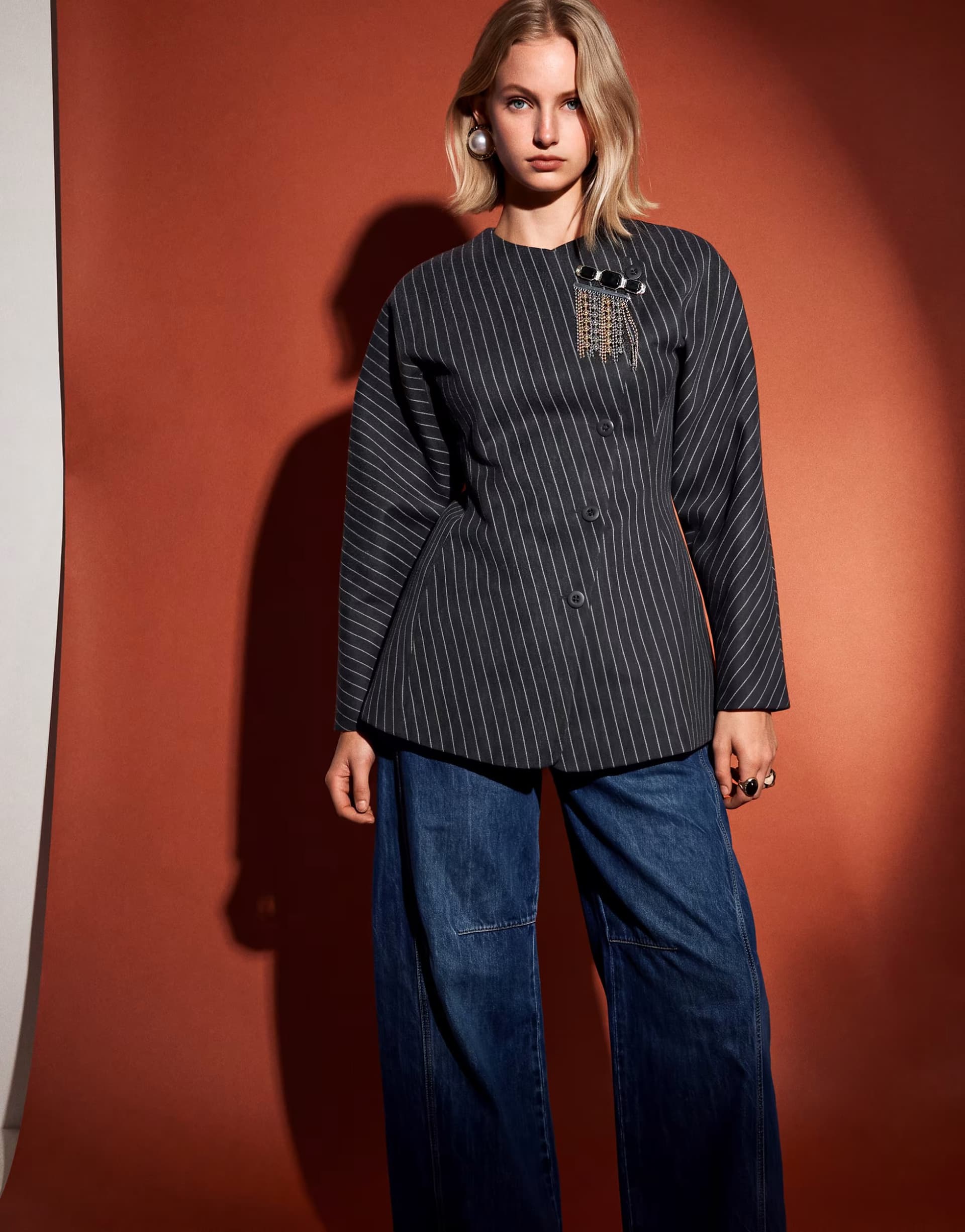 ASOS Aria Cove asymmetric wrap detail cocoon sleeve blazer in charcoal pinstripe