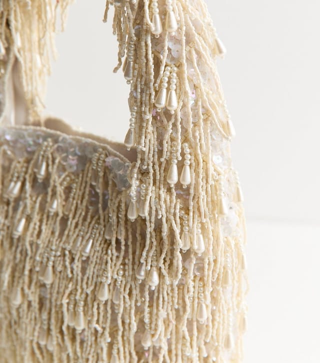 New Look Cream Beaded Fringe Shoulder Grab Bag New Look - 3