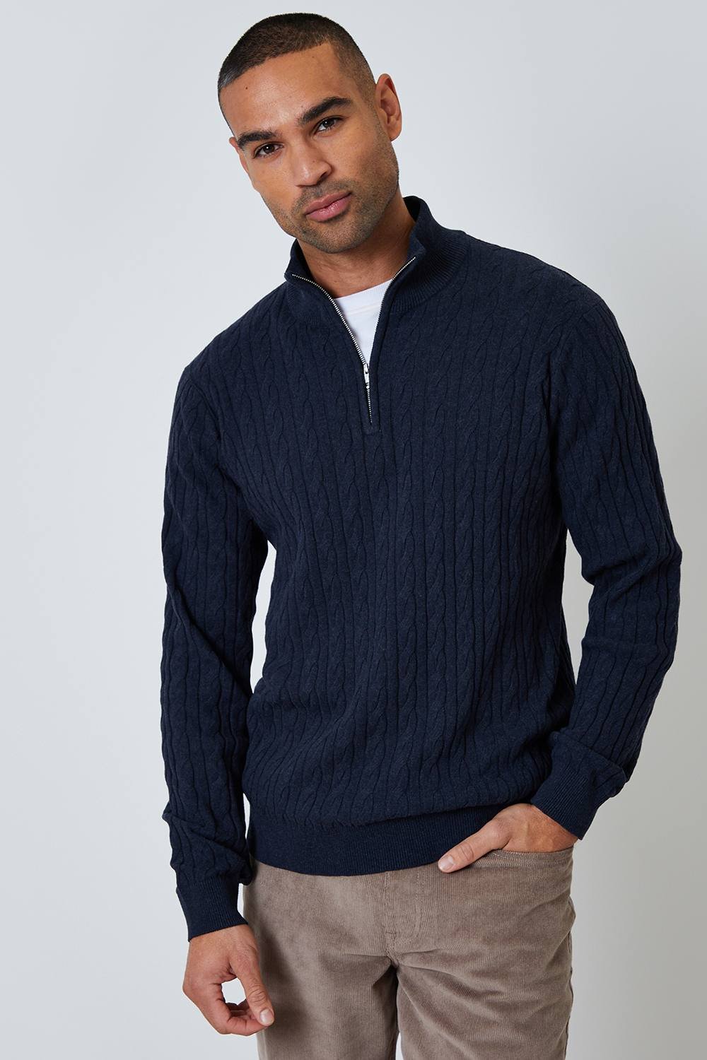 Threadbare Threadbare Men's Cable Knit Quarter Zip Jumper in Navy - 1