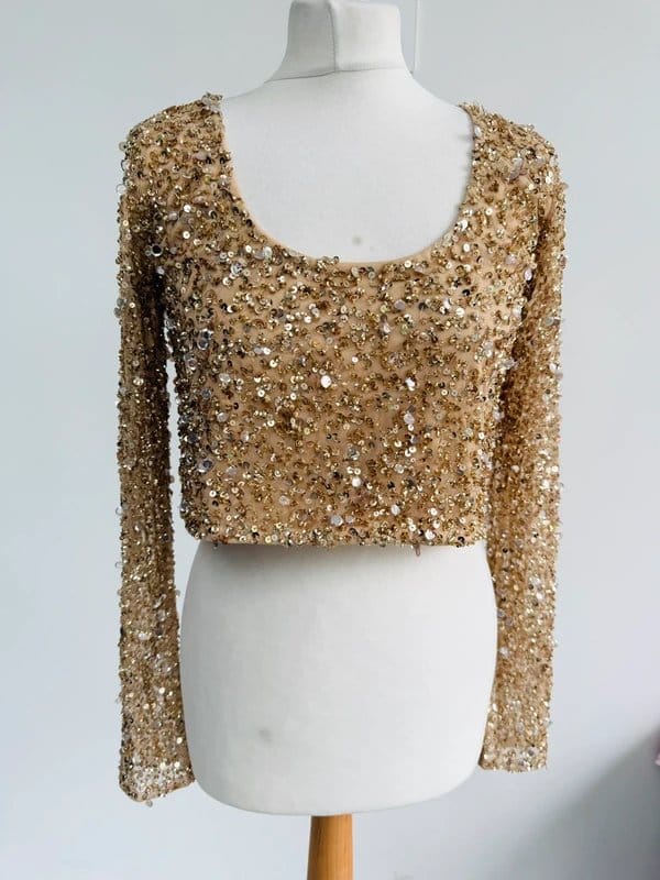 Never Fully Dressed Gold Sequin Crop Top Medium