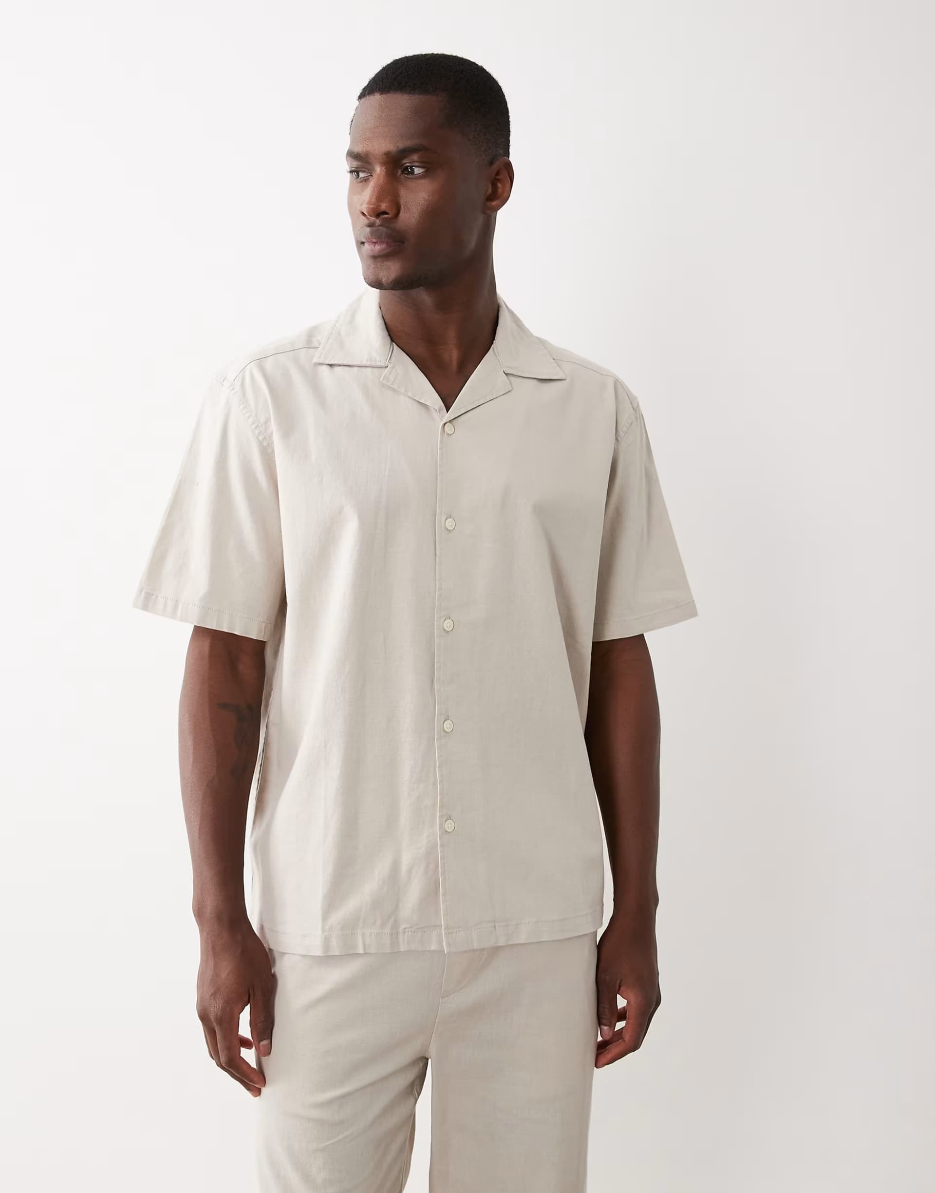 ASOS ONLY & SONS cotton rich revere collar shirt co-ord in beige