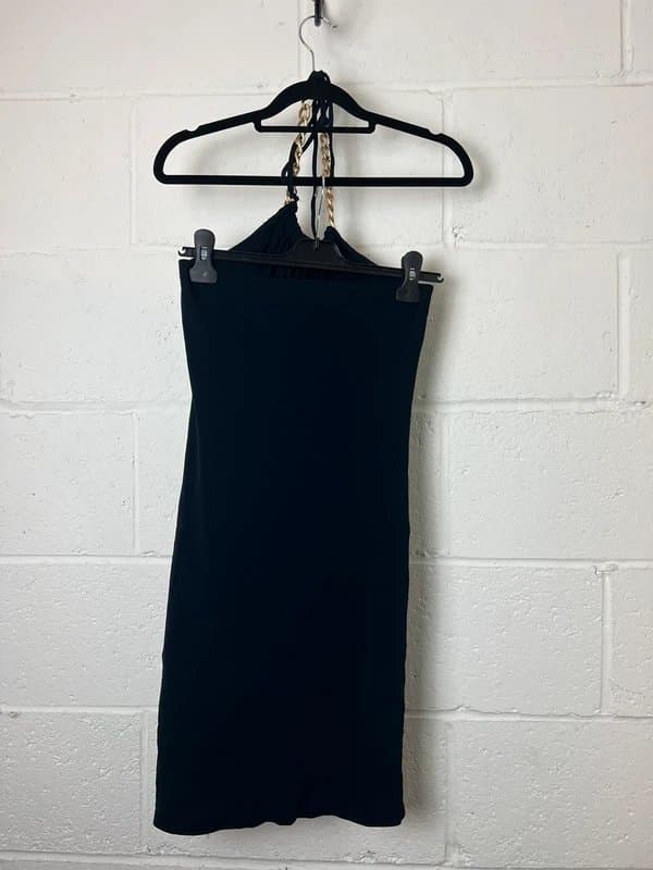 GANT gant navy halter neck midi dress with gold chain detail