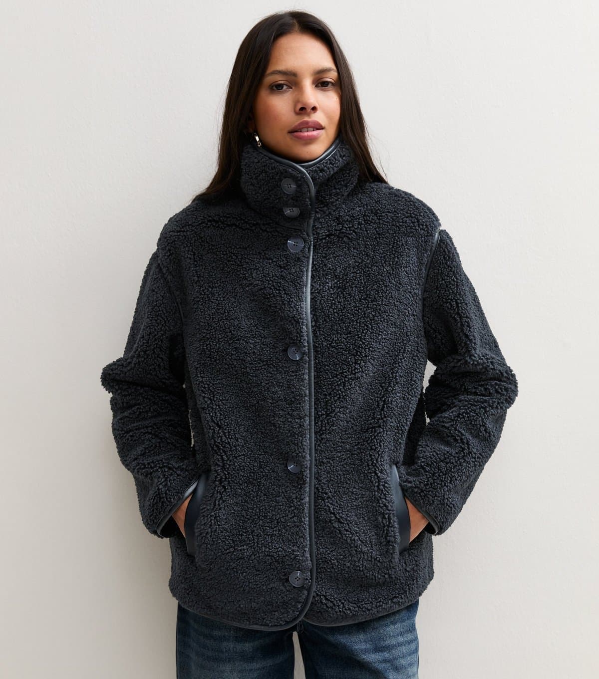 New Look Women's Navy Borg Texture Funnel Neck Jacket New Look