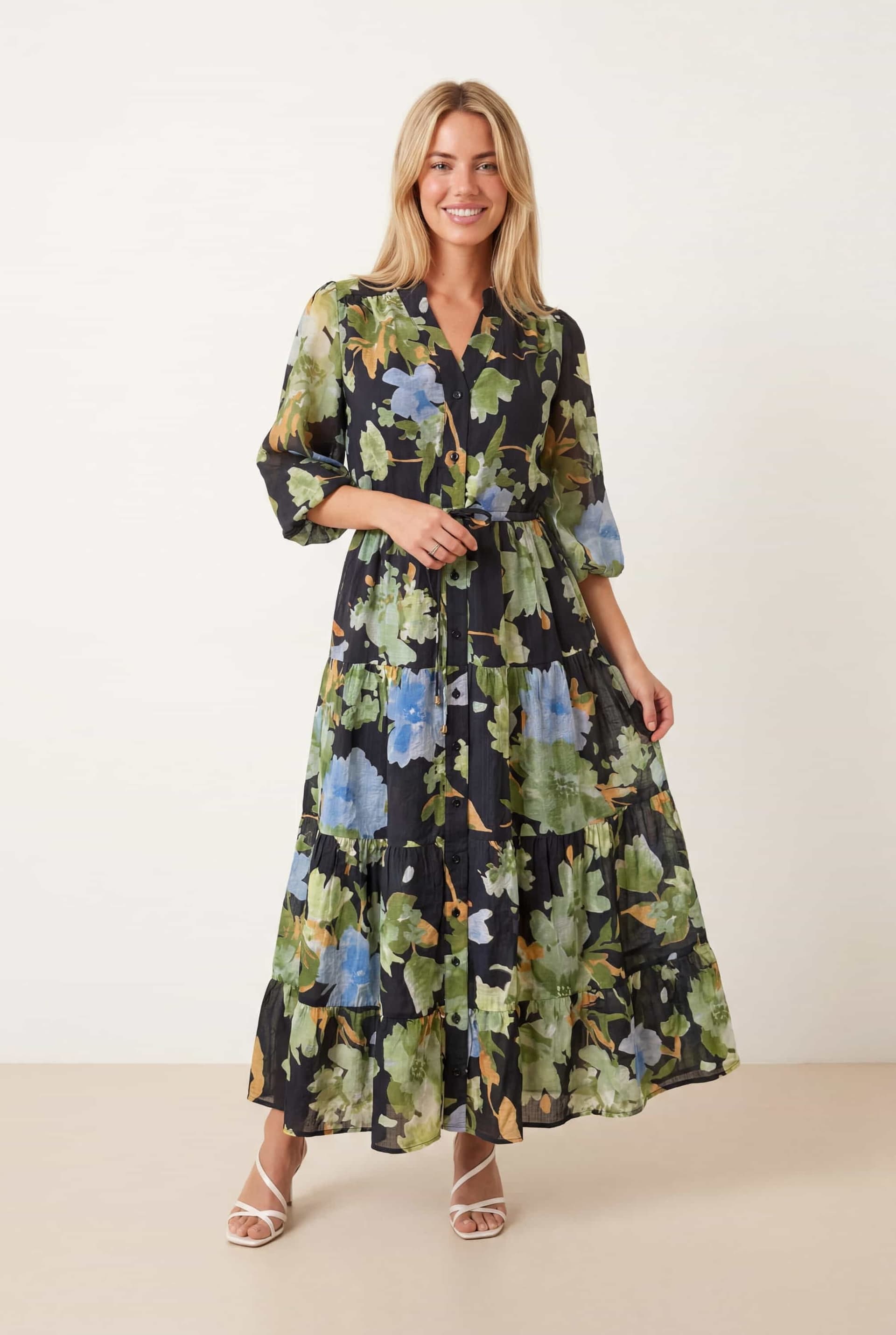 Style Cheat Style Cheat Women's 3/4 Sleeve Tiered Tie Front Midi Dress in Black